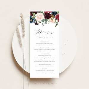 Modèle de carte de menu de mariage floral bordeaux imprimable - carte de menu automne florale aquarelle bordeaux et bleu marine - carte de menu floral automne BNF34