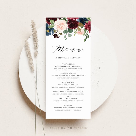 Printable Burgundy Floral Wedding Menu Card Template - Watercolor Burgundy and Navy Floral Fall Menu Card - Autumn Floral Menu Card BNF34