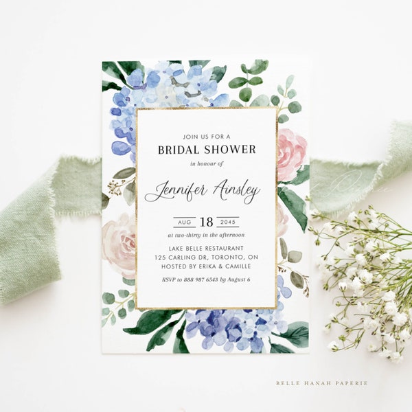 Printable Hydrangeas Bridal Shower Invitation Template - Watercolor Blue Hydrangeas and Roses Bridal Luncheon Invite - Editable Invite BHR5