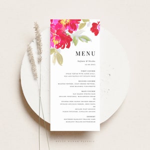 Plantilla de tarjeta de menú de boda floral rosa imprimible - Tarjeta de menú de flores rosas calientes pintadas a mano 4x9 - Menú de despedida de soltera botánica editable FW12