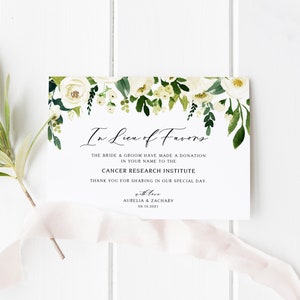 Afdrukbaar in plaats van gunsten kaartsjabloon - aquarel lente witte bloemen en groen bruiloft donatie kaart - DIY bewerkbare Templett SWF23