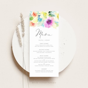 Plantilla de tarjeta de menú de flores de primavera imprimible - Tarjeta de menú de boda de flores amarillas y rosas de acuarela Pastel DIY - Tarjeta de menú editable YSG13