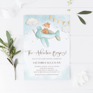 Cute Fox Pilot Baby Shower Invitation Template - Stampabile Inizia l'avventura Baby Fox Vintage Airplane Baby Shower Invite - Templett PF90