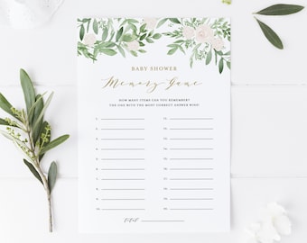 Greenery Baby Shower Memory Game Card - Printable Watercolor Greenery with White Flowers Guess the Items Card - Instant Download GWF23