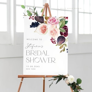 Plantilla imprimible de letrero de bienvenida para despedida de soltera estilo bohemio burdeos - Flores de acuarela de 45 x 61 cm con bayas e higos - Letrero DIY para despedida de soltera DP65