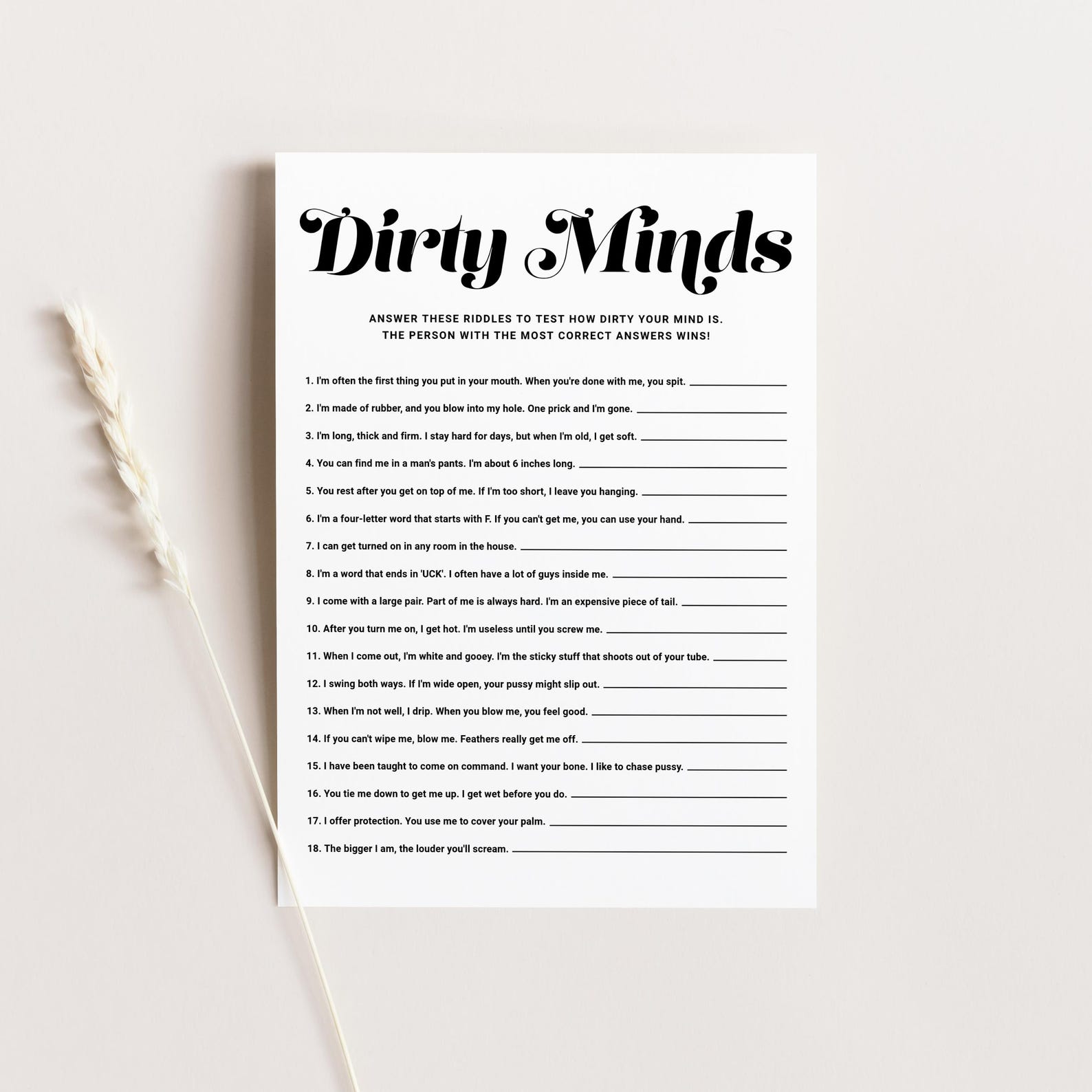 Bridal Shower Riddles Pdf Printable Dirty Minds Riddles Game Card - Retro Calligraphy Dirty ...