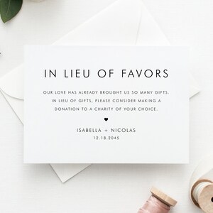 Plantilla de tarjeta imprimible en lugar de favores - 3.5x5 Tarjeta minimalista en lugar de regalos - Tarjeta de donaciones de boda - Editable en lugar de favores