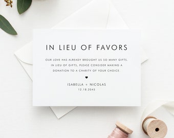 Printable In Lieu of Favors Card Template - 3.5x5 Minimalist In Lieu of Gifts Card - Wedding Donations Card - Editable In Lieu of Favors