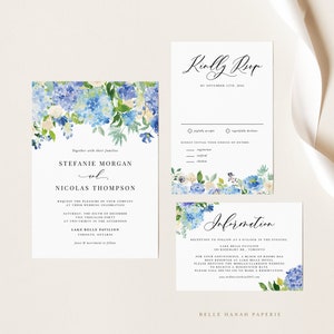 Printable Hydrangea Wedding Invitation Set Template - DIY Blue Hydrangeas Invite, RSVP, Details Card Wedding Suite - Editable Wedding #024