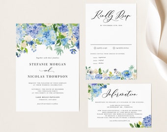 Printable Hydrangea Wedding Invitation Set Template - DIY Blue Hydrangeas Invite, RSVP, Details Card Wedding Suite - Editable Wedding #024