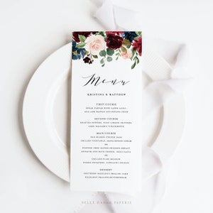 Printable Burgundy Floral Wedding Menu Card Template - Watercolor Burgundy and Navy Floral Fall Menu Card - Autumn Floral Menu Card BNF34 image 2