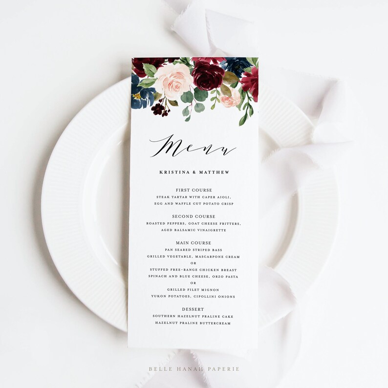 Printable Burgundy Floral Wedding Menu Card Template - Watercolor Burgundy and Navy Floral Fall Menu Card - Autumn Floral Menu Card BNF34 image 2