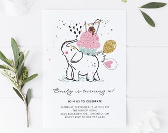 Printable Elephant Birthday Invitation Template - Editable Cute Elephant Cupcake and Glitter Balloon Birthday Party Evite - Editable Invite