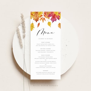 Modello di menu per matrimonio autunnale stampabile - Fai da te 4x9 Rustico Acquerello Foglie Cadenti Menu per doccia autunnale - Menu modificabile WFL18