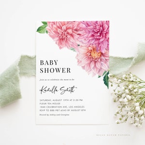 Modèle d&#39;invitation de douche de bébé Floral rose imprimable - Dahlia rose aquarelle c&#39;est une fille bébé Brunch Evite - Dahlia modifiable Invite DH18