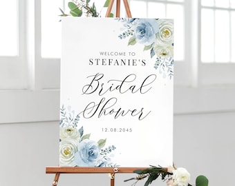 Printable Floral Bridal Shower Welcome Sign Template - 18x24 Watercolor Blue & Ivory Roses Bridal Shower Poster - Editable Welcome Sign IB12