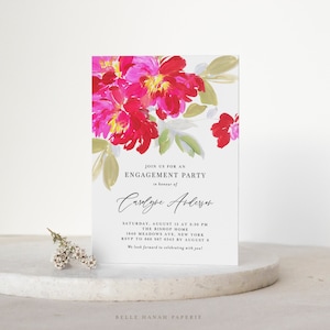 Printable Floral Rehearsal Dinner Invitation Template - Hand Painted Hot Pink Flowers Wedding Shower Evite - Editable Engagement Invite FW12