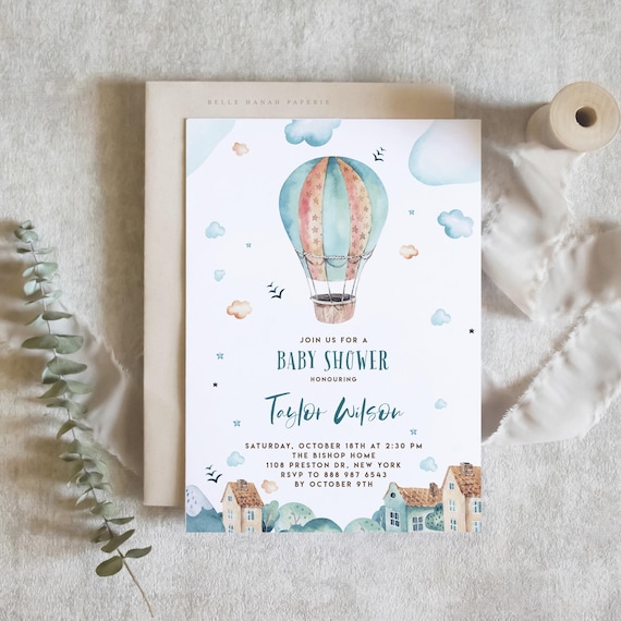 Printable Whimsical Baby Shower Invitation Template, DIY Vintage Hot Air Balloon Baby Shower Invite - Editable It's a Boy Baby Shower Invite