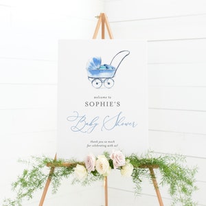 Printable Boy Baby Shower Welcome Sign Template - 18x24 Editable Watercolor Blue Vintage Baby Stroller Sign - DIY It&#39;s a Boy Poster VBC2