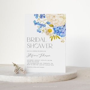 Printable Hydrangea Bridal Shower Invitation Template - Watercolor Blue & White Hydrangeas Bridal Shower Evite - Editable Shower Invite WB53