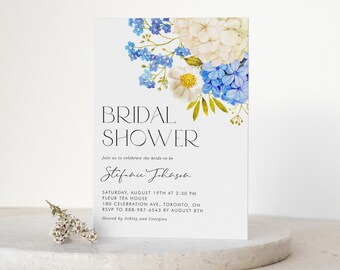 Printable Hydrangea Bridal Shower Invitation Template - Watercolor Blue & White Hydrangeas Bridal Shower Evite - Editable Shower Invite WB53