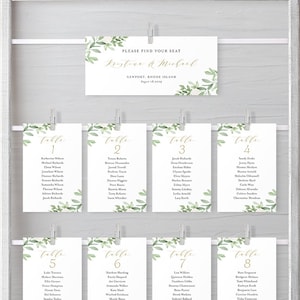 Modèle imprimable de cartes de sièges de mariage de verdure - verdure aquarelle et signe de tableau de sièges individuel de fleurs blanches - modifiable GWF23