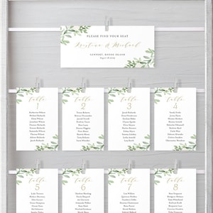 Printable Greenery Wedding Seating Cards Template - Watercolor Greenery and White Flowers Individual Seating Chart Sign - Editable GWF23