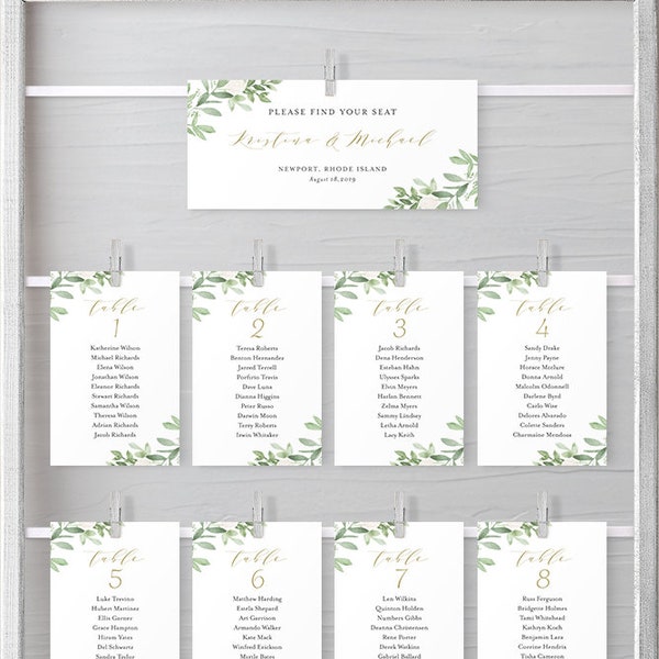 Printable Greenery Wedding Seating Cards Template - Watercolor Greenery and White Flowers Individual Seating Chart Sign - Editable GWF23