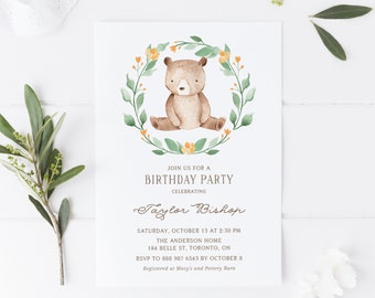 Printable Kids Birthday Invitation - Editable Woodland Birthday Invitation - Cute Watercolor Baby Bear Wreath Template - Instant Download