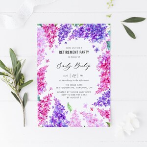 Printable Retirement Party Invitation - Watercolor Pink and Purple Lilacs Frame Invitation Template - Editable Invitation - Instant Download