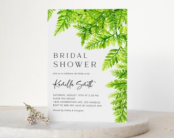 Printable Fern Bridal Shower Invitation Template - DIY Watercolor Ferns Bridal Shower Evite - Editable Greenery Wedding Shower Invite FV25