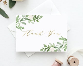 Greenery Thank You Card - Printable Watercolor Greenery and White Flowers Thank You Card - Wedding Thank You Card - Instant Download GWF23