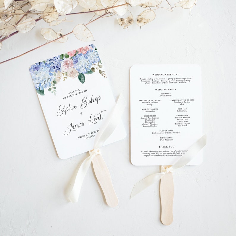Blue Floral Wedding Program Fans Template Printable Blue Hydrangeas and Pink Roses Wedding Ceremony Fans DIY Editable Templett BHR5 image 1