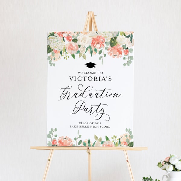 Cartel de bienvenida de fiesta de graduación Floral de melocotón DIY - 18 x 24 peonías de melocotón acuarela imprimibles y hortensias marfil cartel de fiesta de graduación Floral PFG8