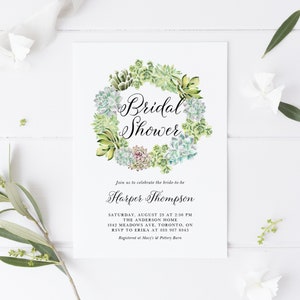Modelo de convite para chá de panela de suculentas para impressão - Guirlanda de suculentas em aquarela Evite brunch de noiva de verão - Convite editável # 027