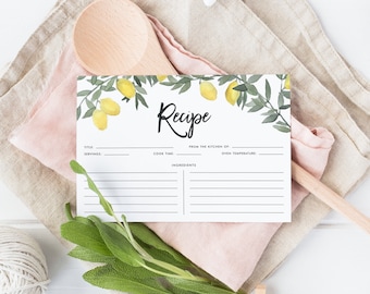 May include: A printable recipe card with a lemon branch design. The card has spaces for the title, servings, cook time, oven temperature, and ingredients.