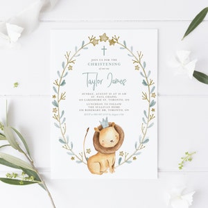 DIY Lion Prince Baptism Invitation Template - Printable 5x7 Watercolor Lion Wreath Christening Invitation - Editable Lion Invitation WLP32