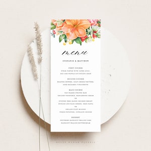 Imprimable Hibiscus Menu carte modèle - 4 x 9 aquarelle Orange Hibiscus mariage Tropical carte de Menu - douche d’été modifiable Menu carte #022