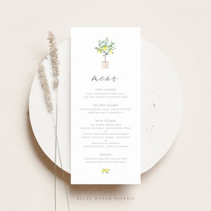 Wydrukuj szablon karty menu weselnego z cytrynowym drzewem - DIY 4"x9" Boho akwarelowe menu prysznicowe z cytrynowym drzewem - edytowalny szablon karty menu LT90