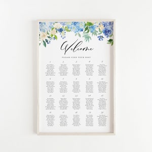 Plantilla imprimible para plano de asientos de boda con hortensias: plano de asientos de 24 x 36 con hortensias azules y rosas color marfil en acuarela: letrero editable n.° 024