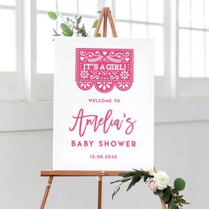 Modèle imprimable de plaque de bienvenue pour baby shower Fiesta - DIY rose Papel Picado Fiesta c&#39;est un signe de baby shower fille - couleurs personnalisables PPX84