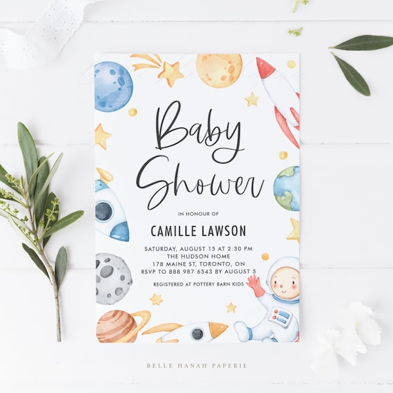 Printable Little Astronaut Baby Shower Invitation Template - Watercolor Space Theme Planets Rockets Baby Shower Evite - Editable Invite BA15