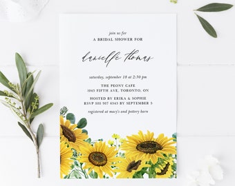Sunflower Bridal Shower Invitation Template - Printable Watercolor Sunflowers and Eucalyptus Summer Bridal Luncheon Invite - Editable SE35