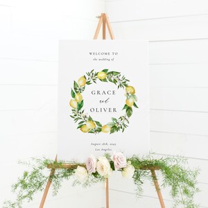 Printable Lemon Wedding Welcome Sign Template - 18x24 Watercolour Lemon Wreath Wedding Decor - Editable Elegant Lemon and Greenery Sign LW35