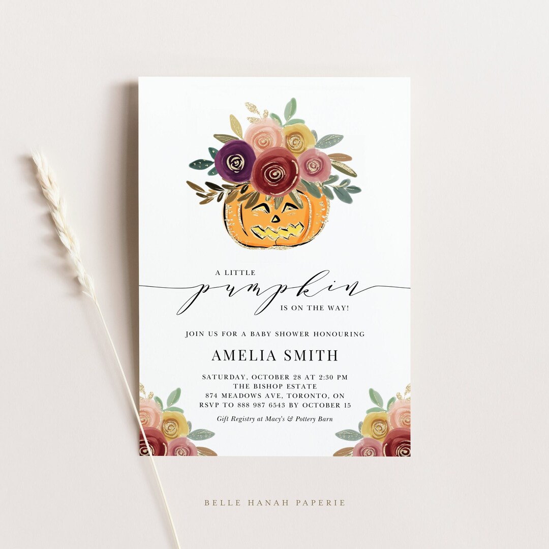 Printable Pumpkin Baby Shower Invitation Template - Gold Glitter Jack-o ...