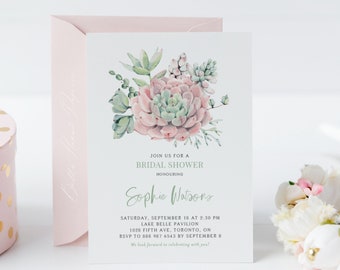 Printable Succulents Bridal Shower Invitation Template - DIY Watercolor Pastel Succulents Bridal Shower Evite - Editable Cactus Invite PS67