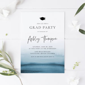 DIY Blue Ombre Graduation Invitation Template - Printable Modern Watercolor Ombre Minimalist Grad Party Invite - Editable Invitation BO76