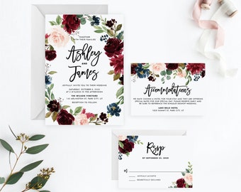 Printable Wedding Invitation Set - Editable Boho Watercolor Autumn Wreath Invitation, RSVP & Enclosure Card Template - Instant Download