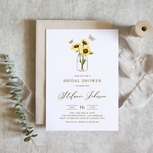 Modèle imprimable d’invitation à la douche nuptiale de tournesol - Tournesols rustiques DIY dans Mason Jar Bridal Shower Evite - Invitation à la douche nuptiale d’été