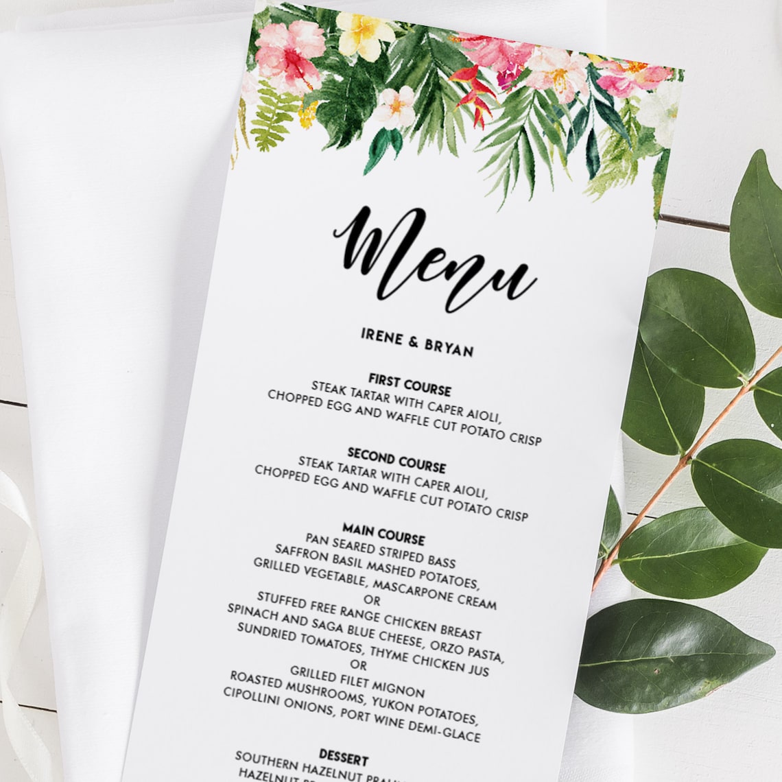 Printable Wedding Menu Card Template Watercolor Tropical | Etsy